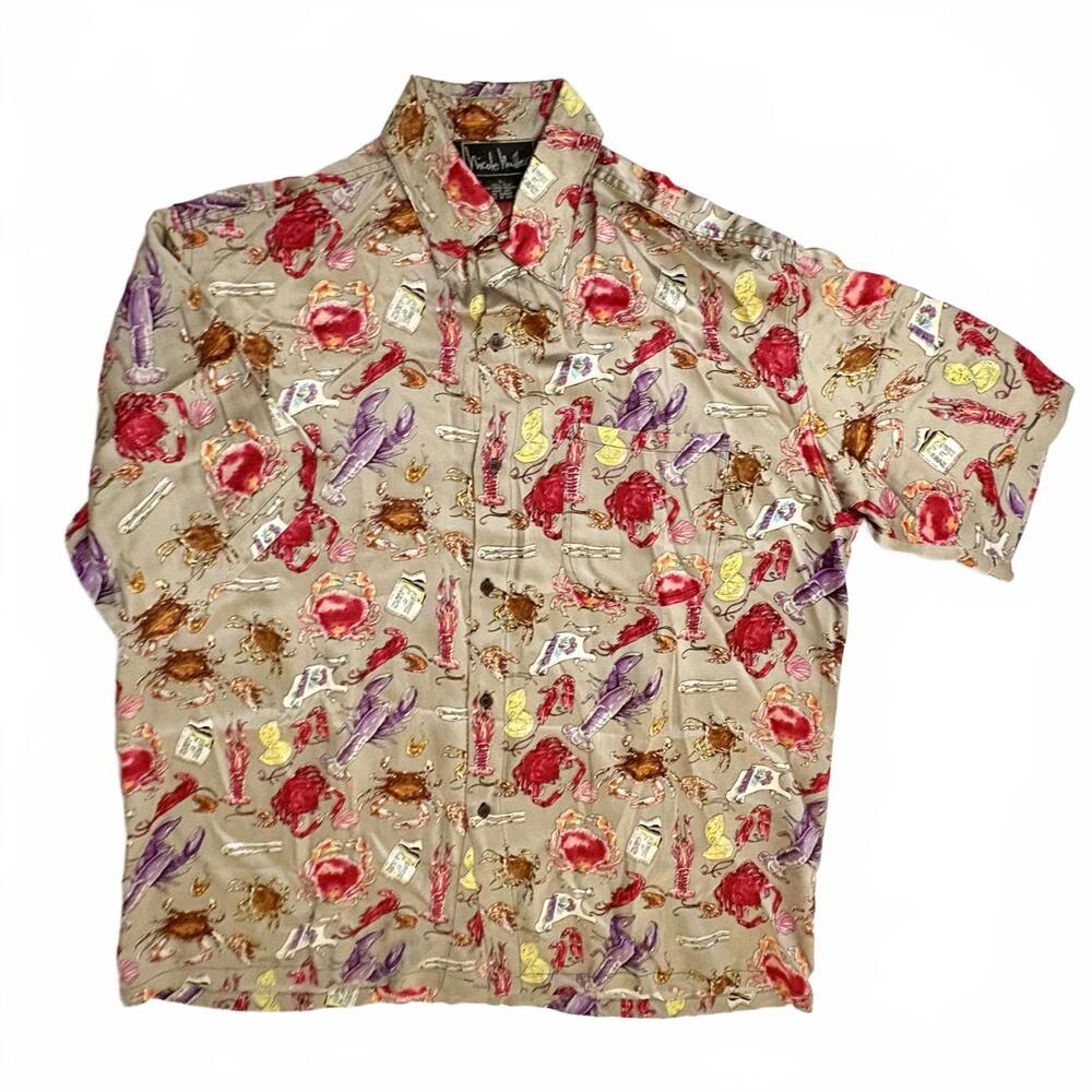 Nicole Miller Men's Large Silk Button-Up Shirt with Crab and Lobster Print
